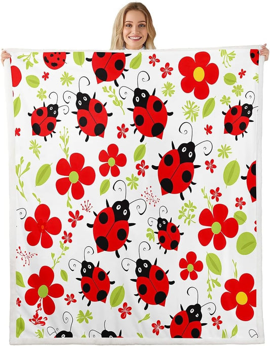 Feelyou Ladybug Fleece Throw Blanket Botanical Floral Floral Printed Sherpa Blanket for Kids Boys Girls Flying s Plush Blanket Cartoon Animal Decor for Sofa Bed Couch,Baby 30x40 Inch