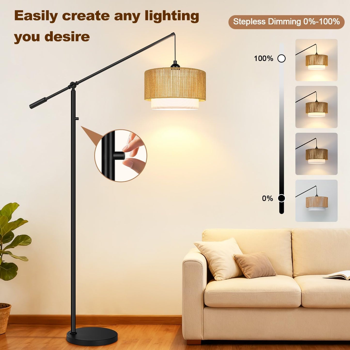 【Upgraded】Dimmable Boho Floor Lamp for Living Room, Modern Swing Arm Floor Lamp with Rattan & Fabric Shades, Black Rattan Standing Lamp with 11W Bulb, Farmhouse Adjustable Tall Lamp for Bedroom Office