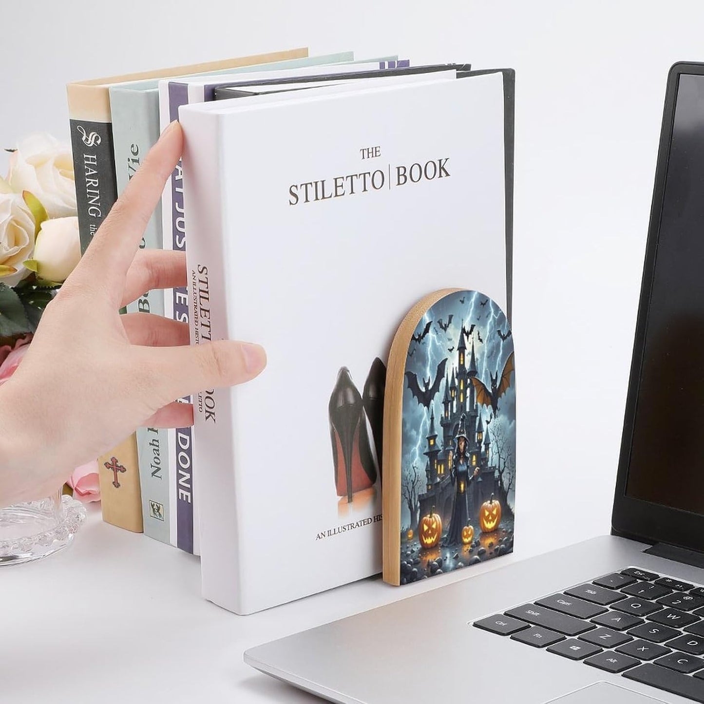 Witches Night Bookends 1 Pair Heavy Duty Book Ends for Shelves Non-Skid Bookend Supports Wooden Book Holders with Metal Base Desk Organizers Books Storage to Hold Books