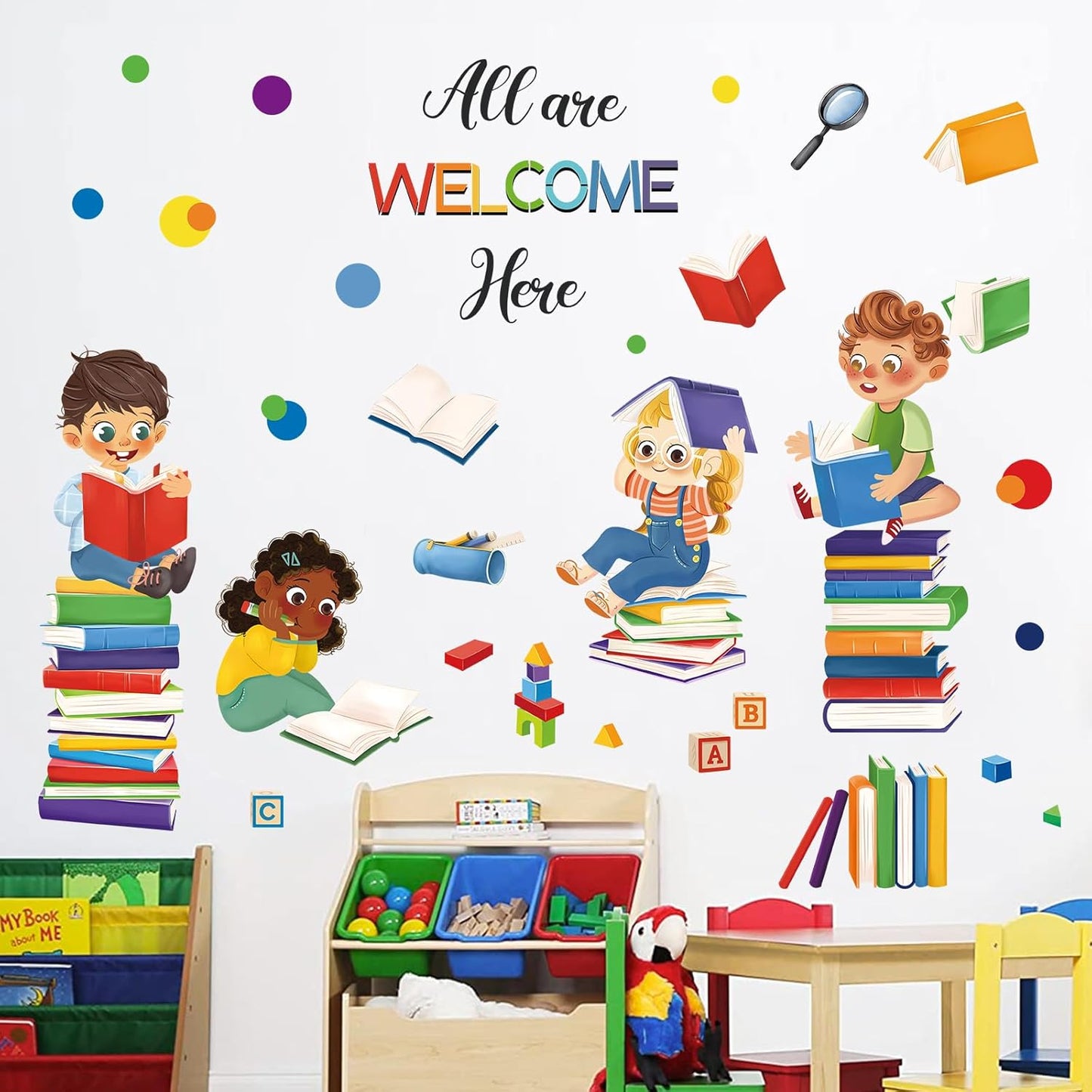 wondever Reading Corner Wall Decals Equality Kids Inspirational Quotes All are Welcome Here Peel and Stick Wall Art Stickers for Reading Room Classroom Kids Room