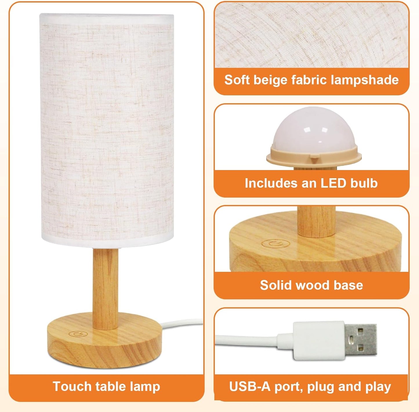 Touch Bedside Table Lamp - Stepless Dimming USB Powered, Minimalist Wood Base Linen Shade, 2700K Warm Light for Bedroom Nightstand Nursery Dorm Small Spaces, 5W LED 50K Hrs (No Bulb Replacement)