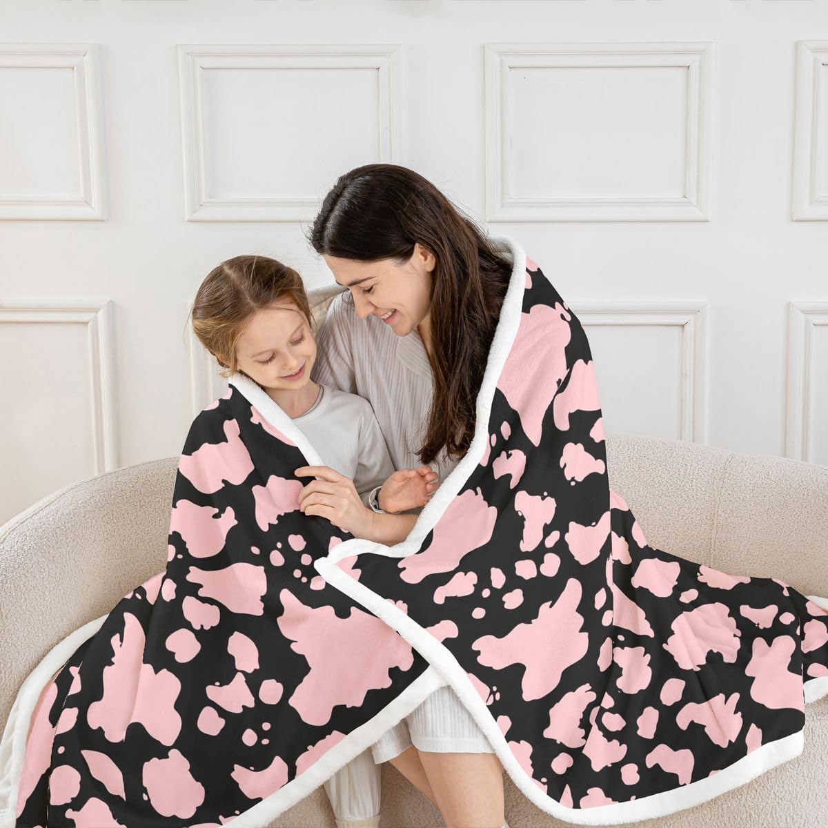 Feelyou Cow Print Sherpa Throw Blanket for Couch Black Pink Super Soft Cozy Fleece Cartoon Milk Cow Blanket for Winter, Plush Throw Animal Twin 60"x80" Farmhouse All Season