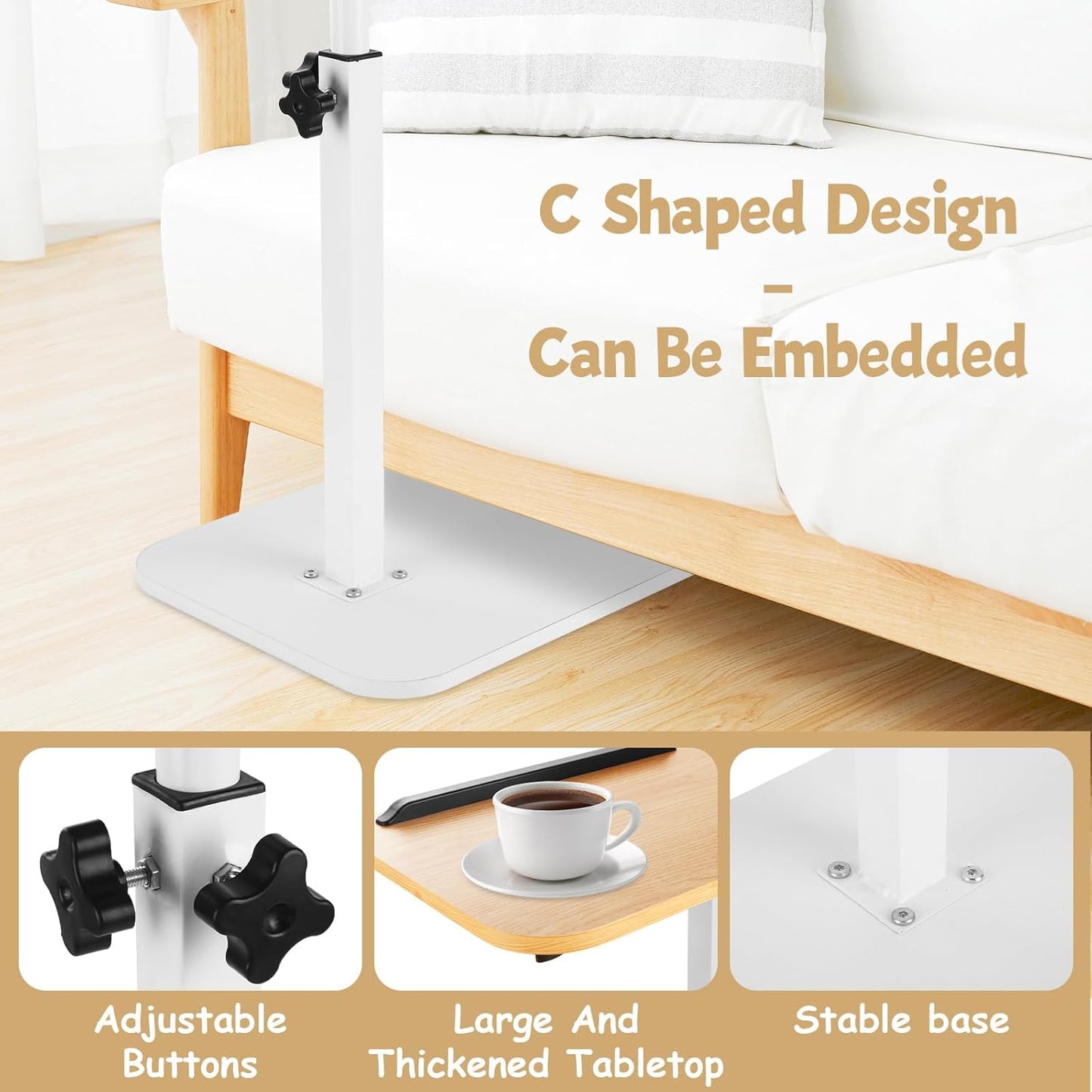 Couch Table Tray, Adjustable Height 360° Swivel Sofa Side Table for Couch, C Shaped End Table for Living Room and Bedroom