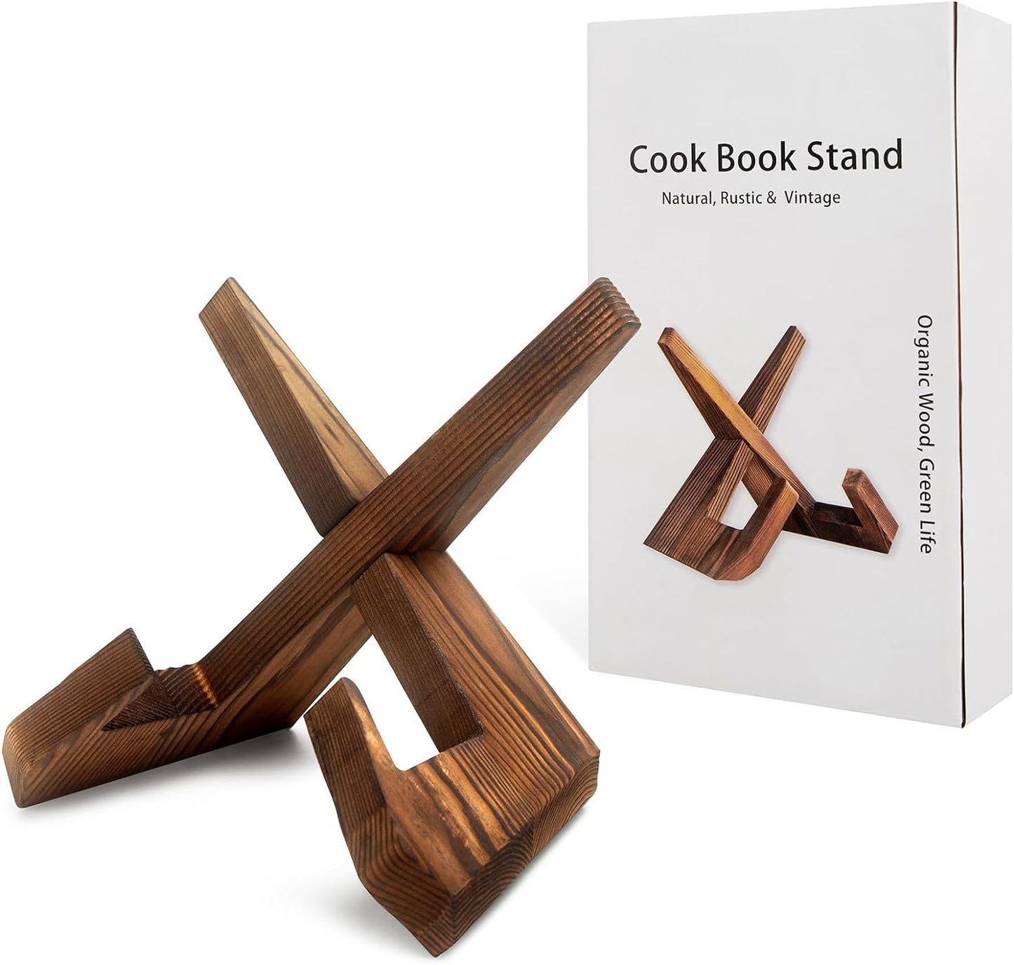 masteymoh Rustic Cookbook Holder Stand for Kitchen, Recipe Book Holder for Kitchen Counter, Wooden Kitchen Book Holder, Rustic Cook Book Holder Stand with Natural Wooden Grains (1 in Brown)