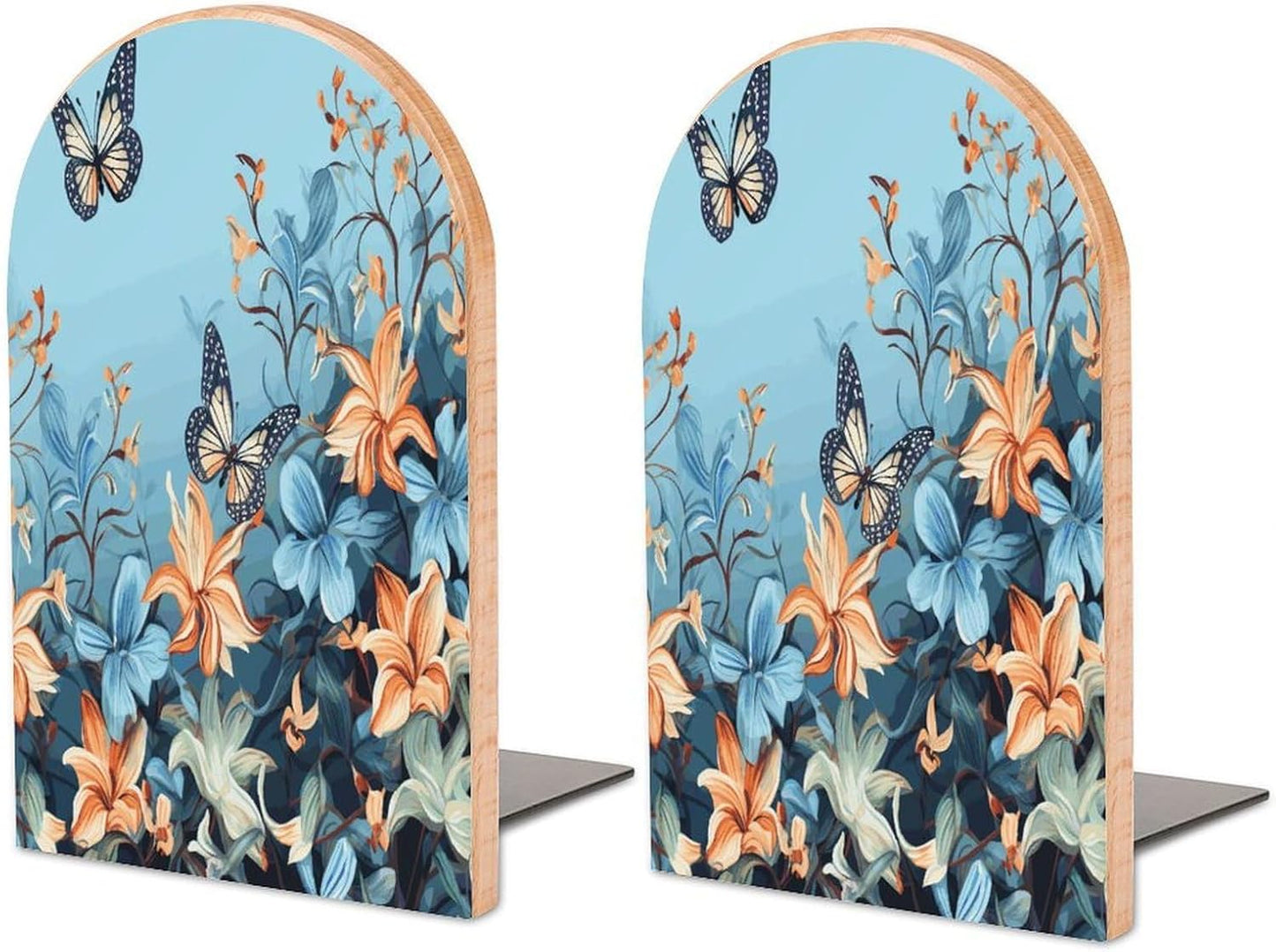 Blue Butterfly Floral Bookend for Shelves Wooden Book End Large Size Sturdy Book Holders Stoppers with Metal Base for Bookshelves Slick Decorative Bookends Stands