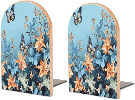 Blue Butterfly Floral Bookend for Shelves Wooden Book End Large Size Sturdy Book Holders Stoppers with Metal Base for Bookshelves Slick Decorative Bookends Stands