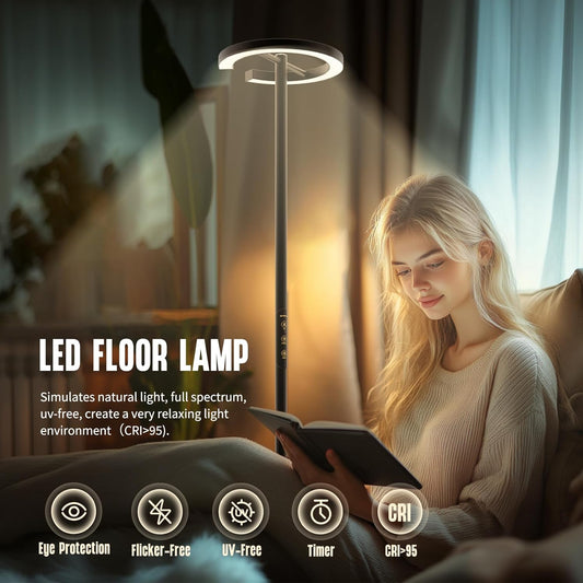 GLOWRIUM-H3B Floor Lamp for Bedroom, 71 Inch Bright LED Modern Corner Lamp with Remote, 4 Color Temperatures Tall Standing Reading Lamp with Timer for Bedroom, Stepless Dimmable, Rotatable Head