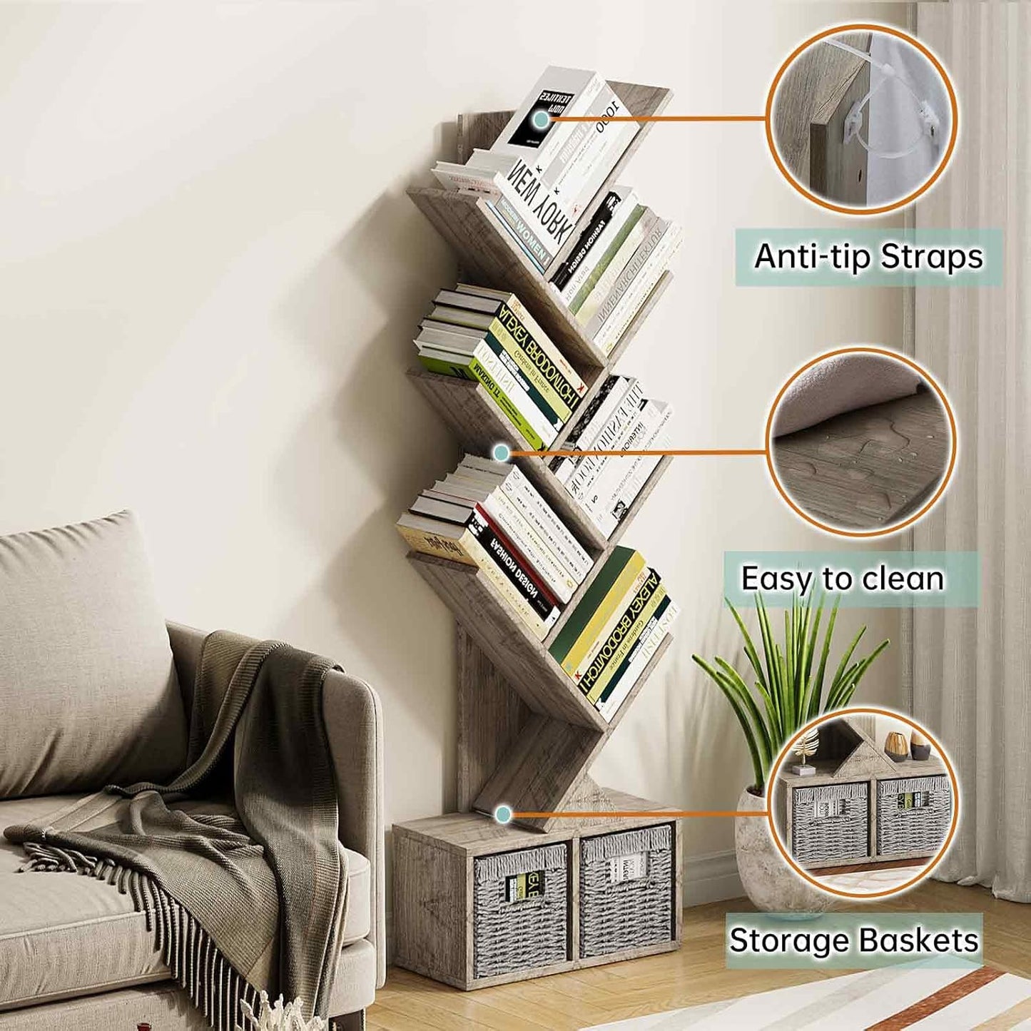 Vagusicc 6 Tier Tree Bookshelf with 2 Storage Cabinets, Tall Display Shelf Organizer for Books, Magazines, Home Decor, Narrow Wooden Floor Standing Bookcase for Living Room, Home Office, Grey