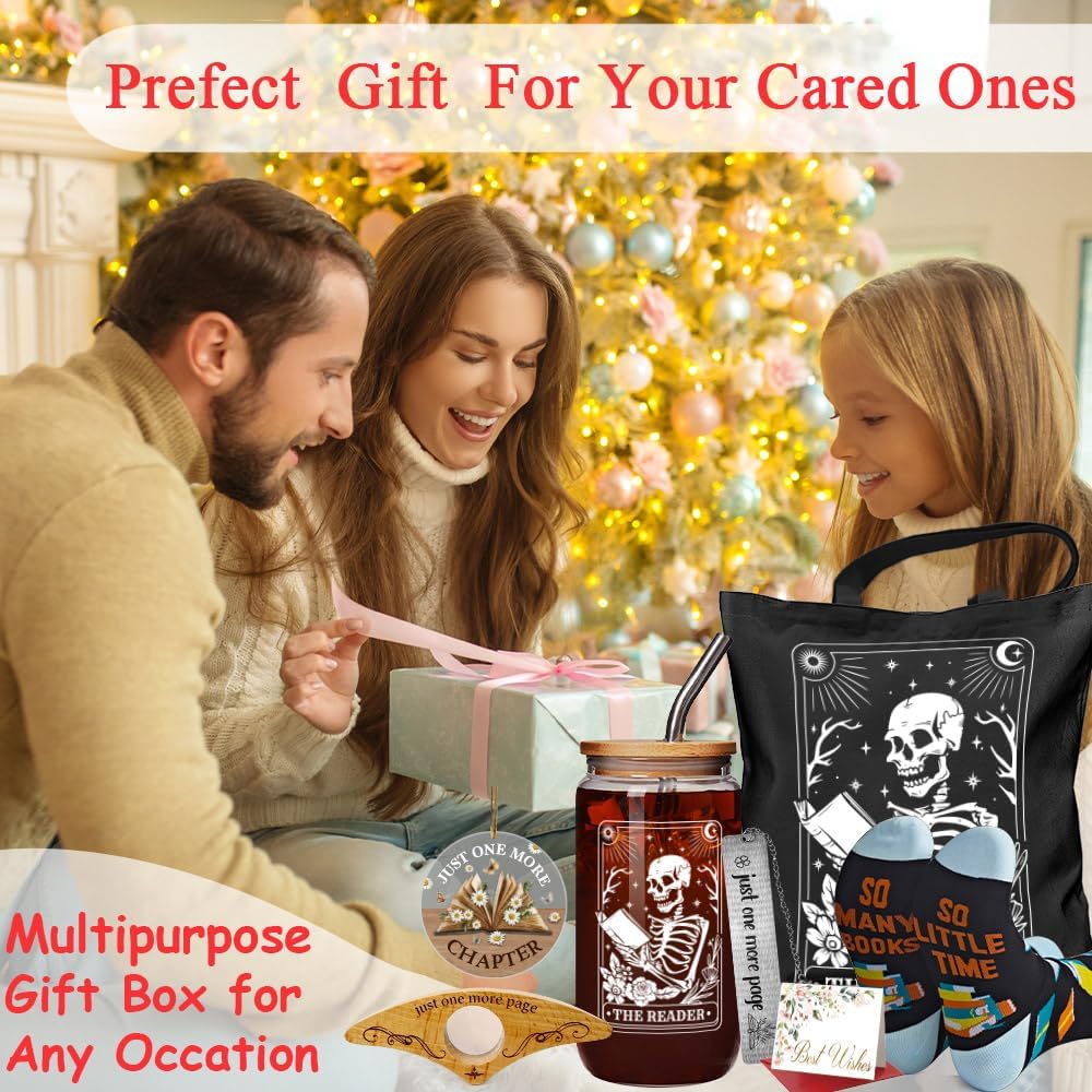 Unique Cool Reading Day Gifts 7 Pcs Set for Book Lovers, Readers, Librarian, Students, Teacher - 16oz Glass Cup With Lids, Tote Bag, Socks, Bookmark, Flipper, Funny Ornament - Book Themed Gift