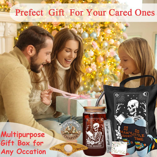 Unique Cool Reading Day Gifts 7 Pcs Set for Book Lovers, Readers, Librarian, Students, Teacher - 16oz Glass Cup With Lids, Tote Bag, Socks, Bookmark, Flipper, Funny Ornament - Book Themed Gift