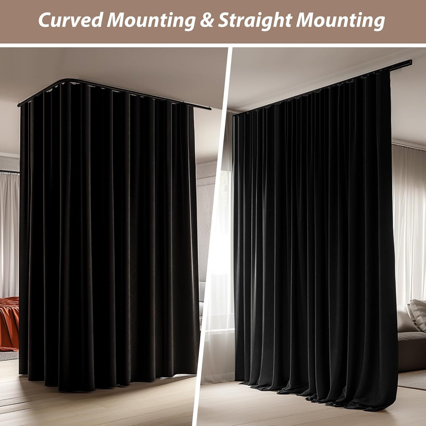 Room Divider Curtains with Ceiling Curtain Track Set Window Curtain for Bedroom,Living Room Total Blackout Thermal Insulated Privacy Ceiling Track Curtain W 9 × H 7 FT Black drape&Black track