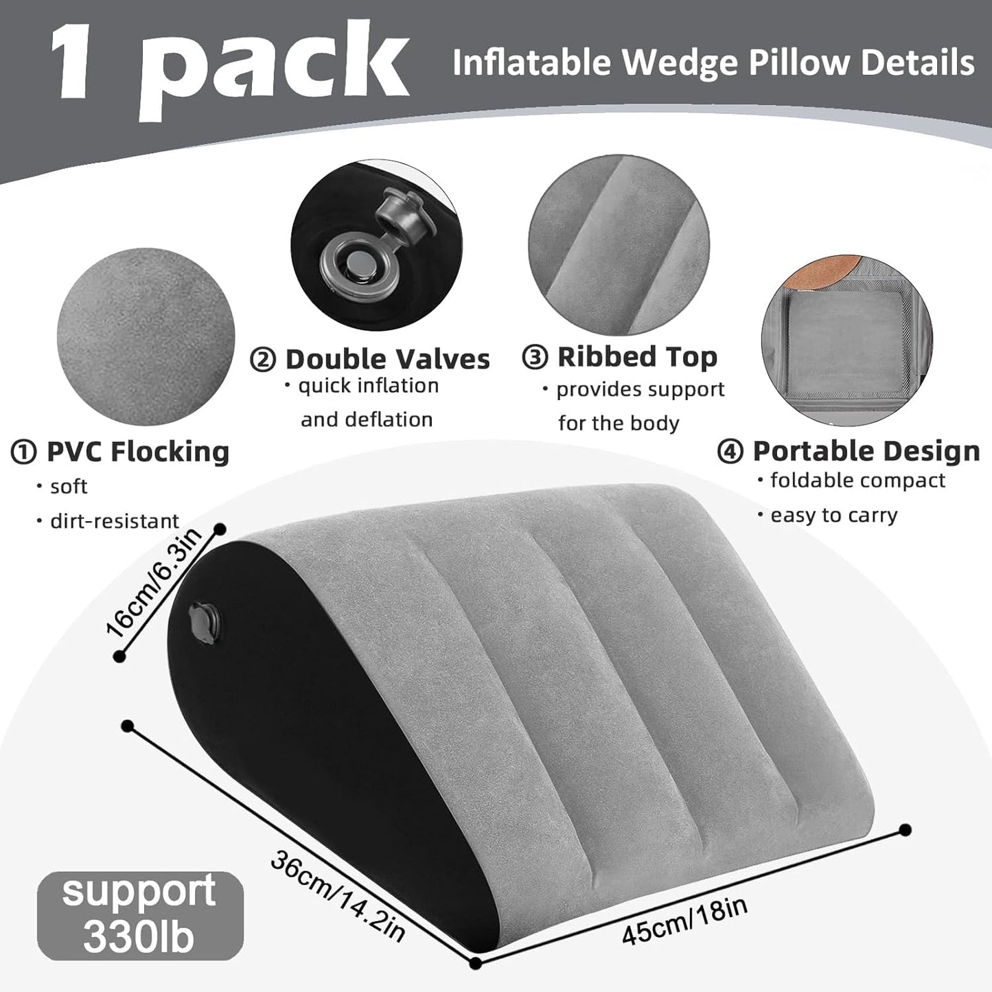 TheClover Inflatable Wedge Pillow for Sleeping – Portable Bed Cushion for Acid Reflux Relief, Back & Leg Support, Compact Camping & Airplane Pillow (Grey)