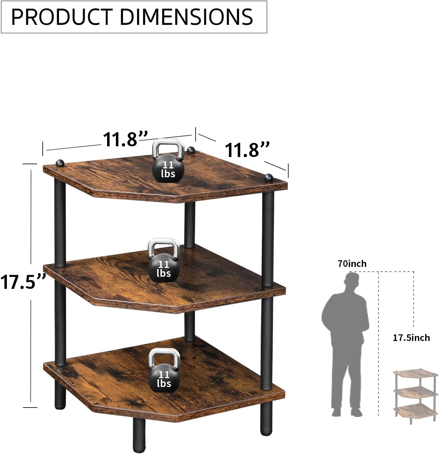 Desktop Corner Stand Shelf for Storage, 3 Tier Corner Shelf Organizer, Rustic Brown Rack for Small Spaces, Bedroom, Home Office, Kitchen, Bathroom