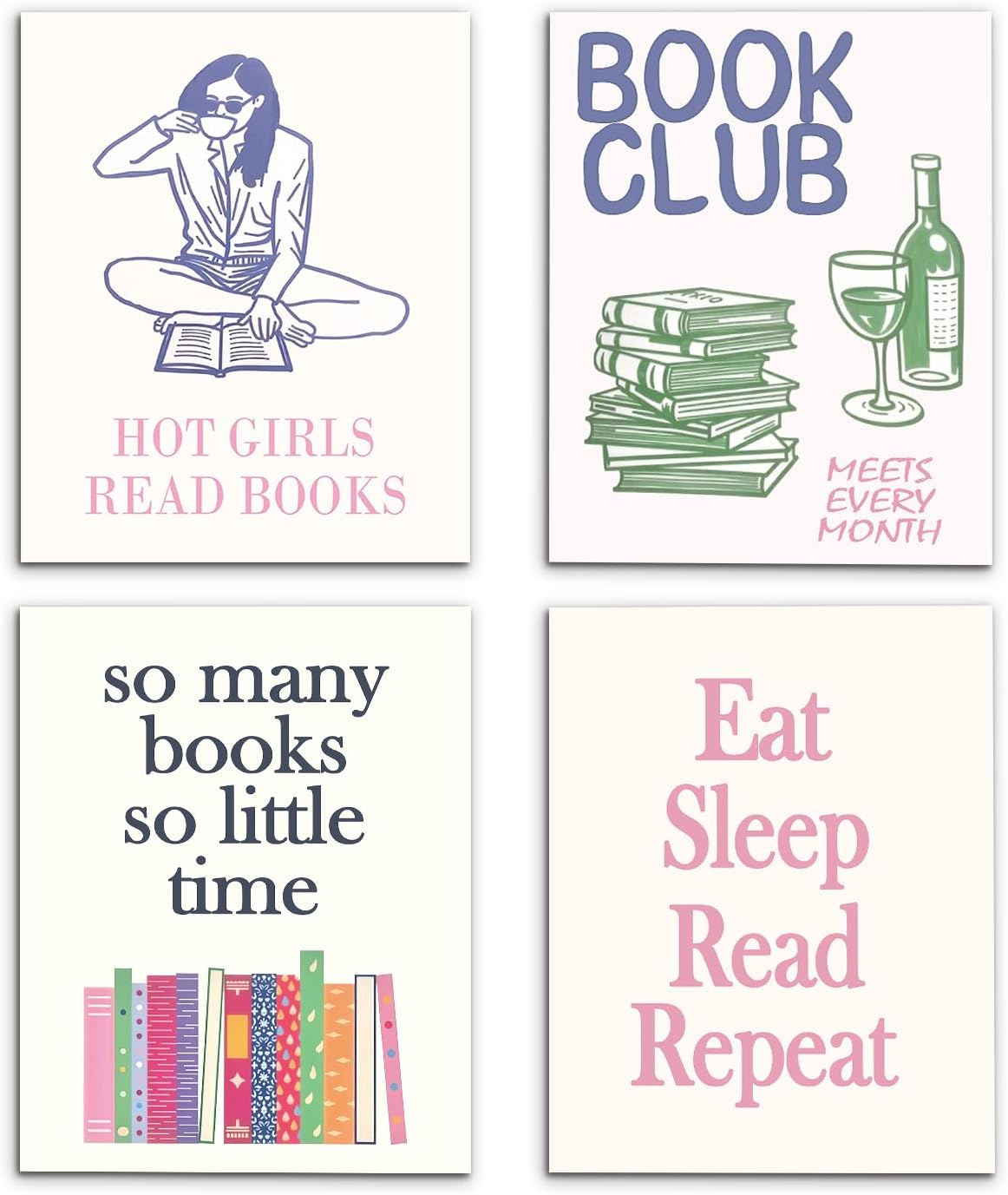 VIIJJUE Book Club Wall Art Decorations Prints Set of 4, Reading Gifts for Women, Book Lover Wall Decor for Home Reading Room Corner Nook Library, 8x10 Inches Unframed