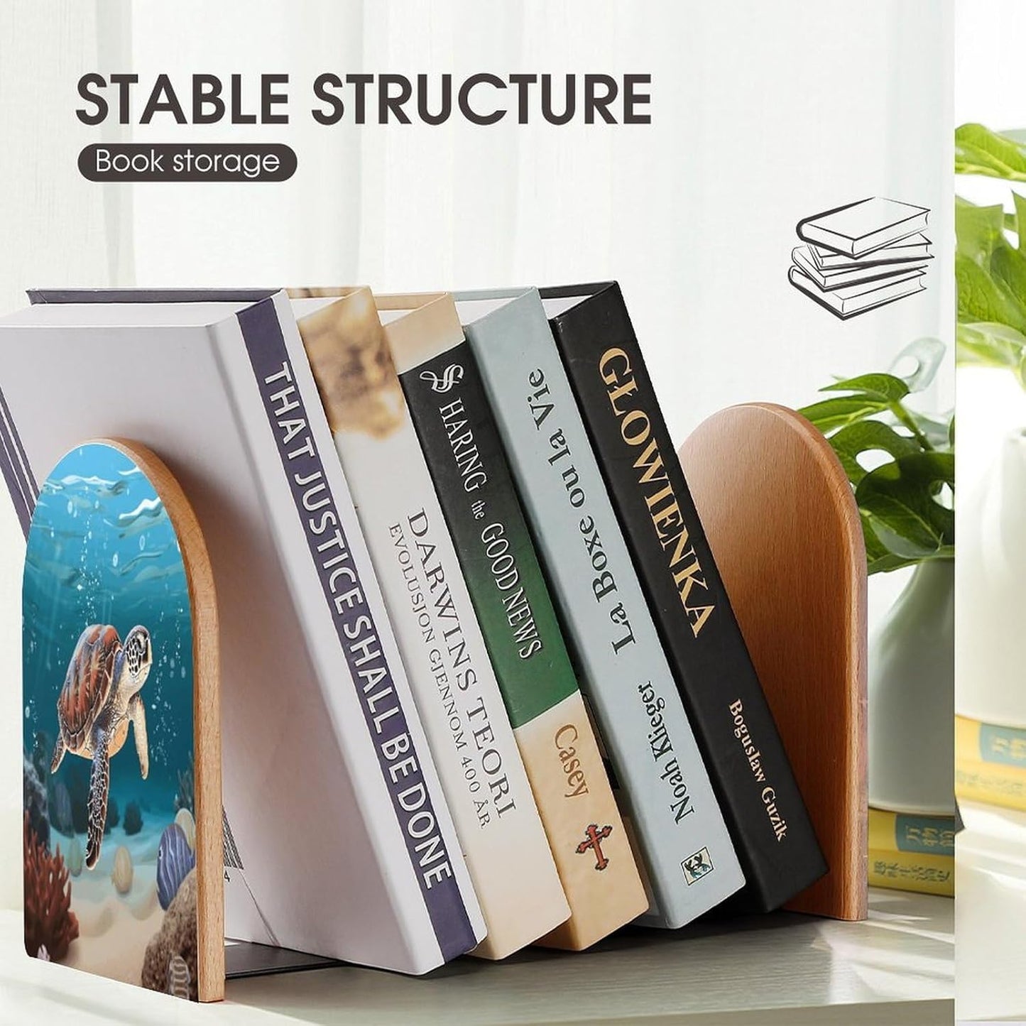 Sea Turtle Swimming Bookend for Shelves Wooden Book End Large Size Sturdy Book Holders Stoppers with Metal Base for Bookshelves Slick Decorative Bookends Stands