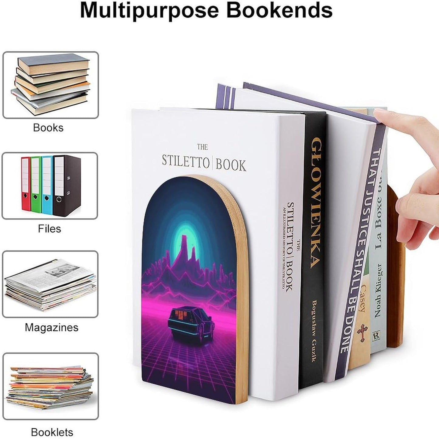 Non-Slip Bookend for Shelves Retrowave Pictures Wooden Bookends with Metal Base Decorative Book Stopper for Home Heavy Duty Wood Book Storage for Books/CDs