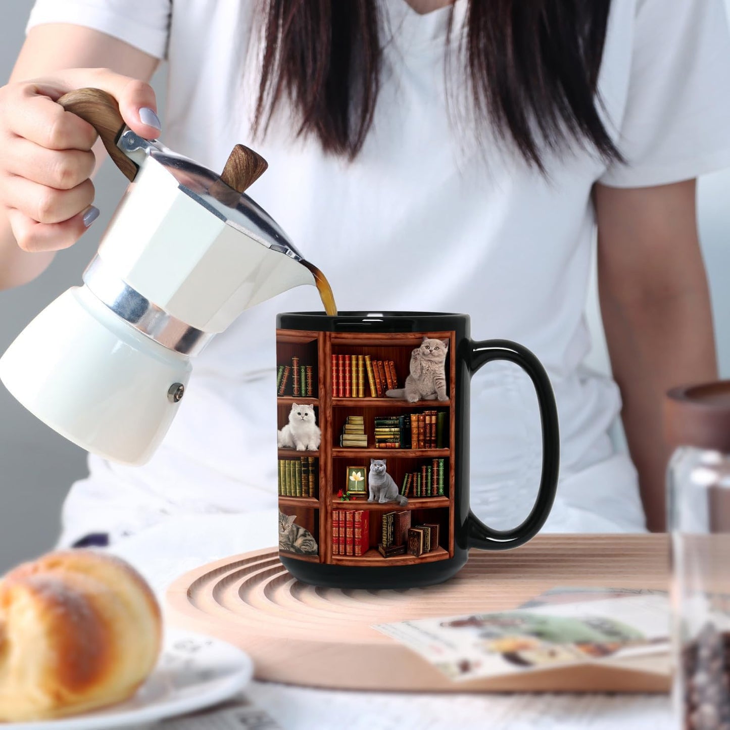 Cat Book Mugs - Coffee Mugs Lovers Gifts for Readers - Best Gift for Cat Lover - Reading Writer Women Tea Cups Library Bookshelf Mug 15oz - Black Chapter Book Mug(15oz-bookshelf)