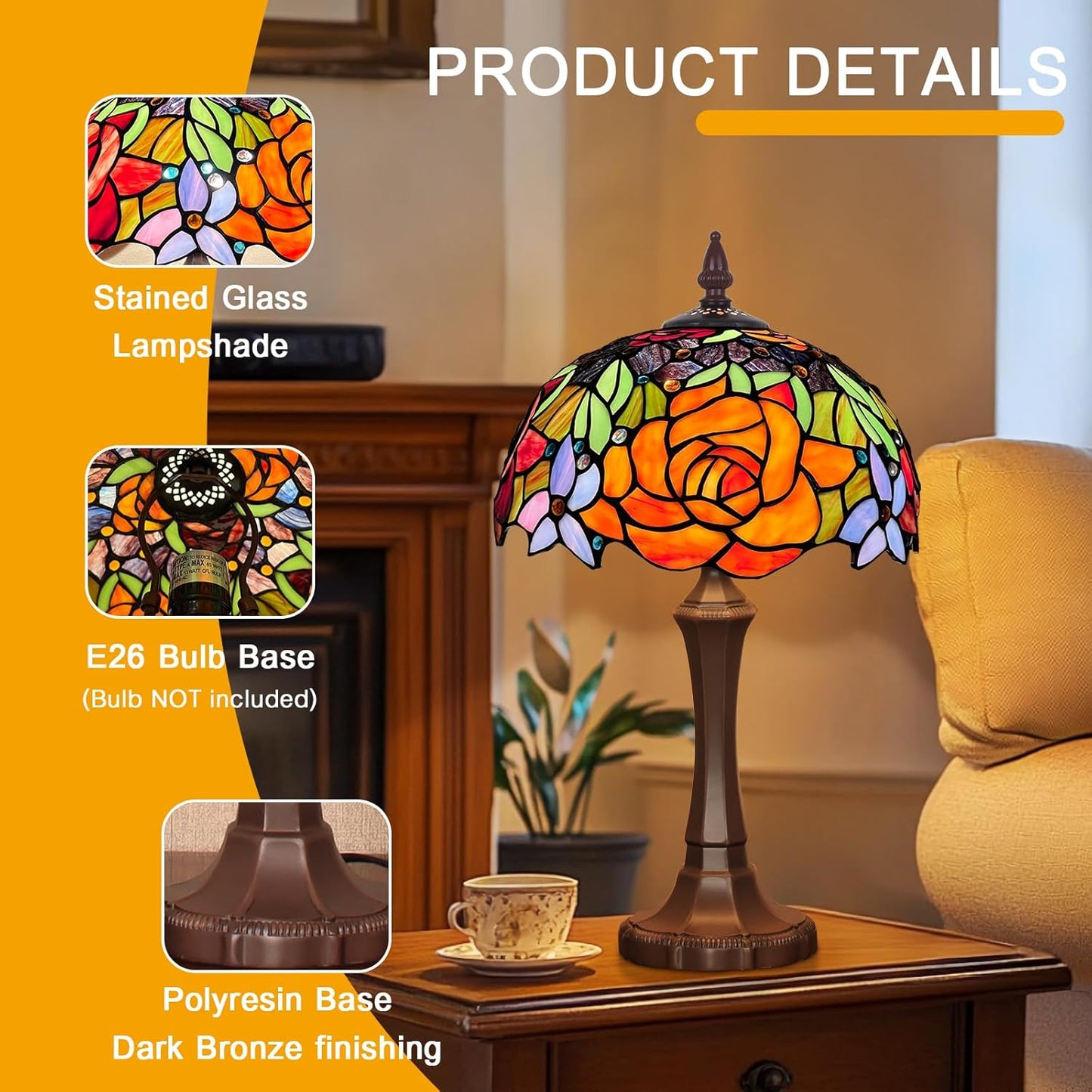 Capulina Tiffany Lamp Stained Glass Table Lamp,12X12X20 Inches Red Rose Tiffany Style Desk Reading Lamp for Living Room Bedroom Study Home Office