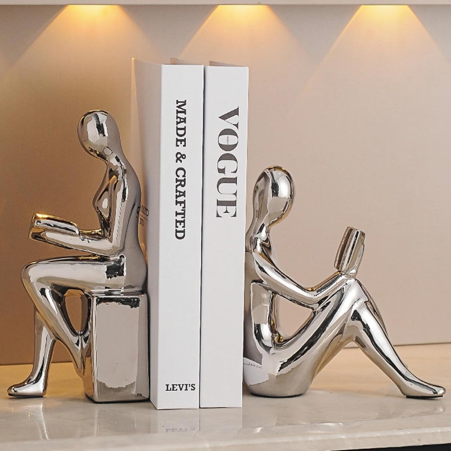 Ceramic Decorative Bookends Set of 2, Heavy Duty for Heavy Books, Cute Home Office Shelf Library Decor (Silver)