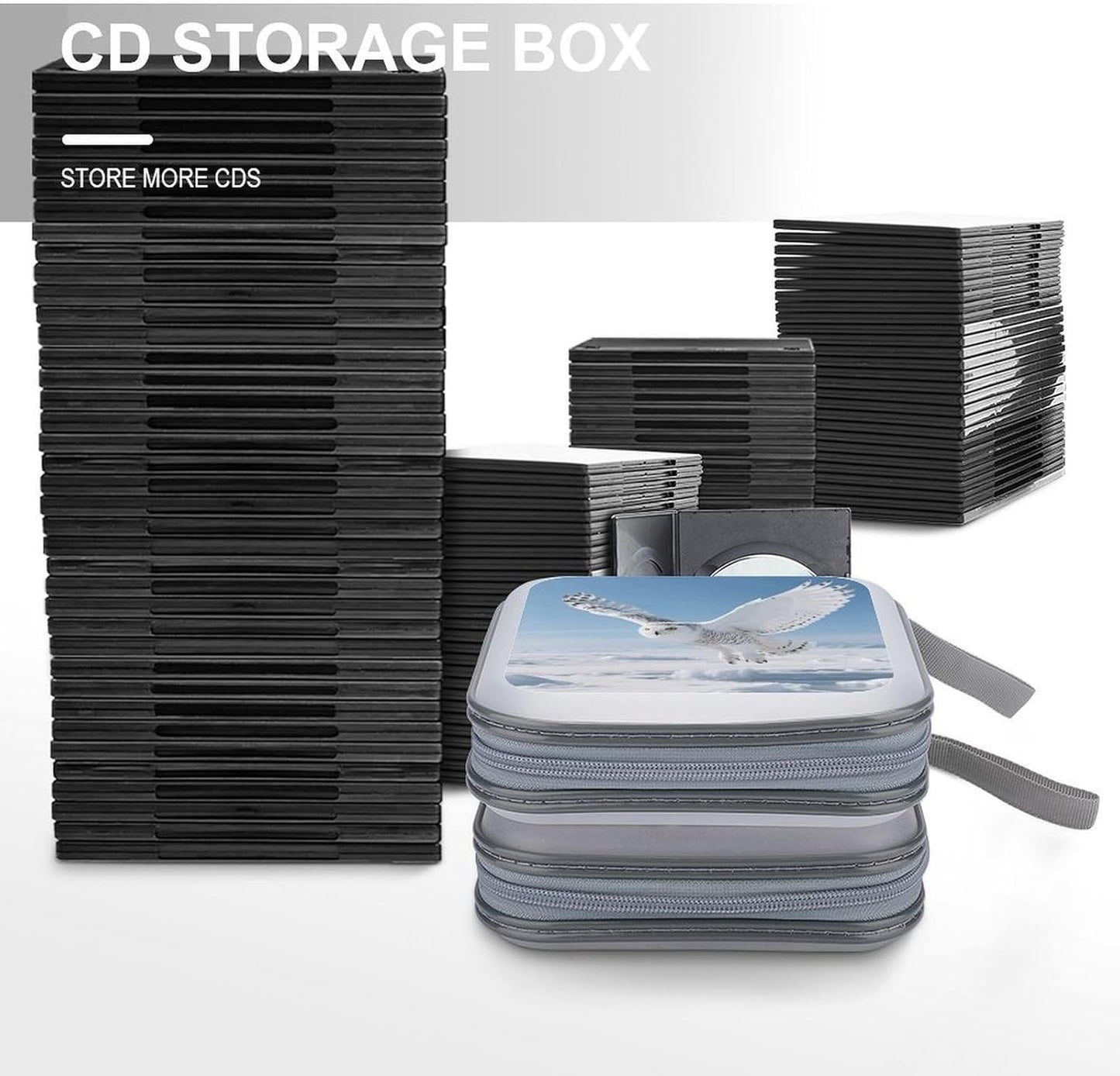 White Snowy Owl CD Case Portable Zipper CD Case 40 Capacity Hard Plastic DVD Cases Holder Large Storage Disc Wallet Bag for Car Home Travel DVD Collection Bag