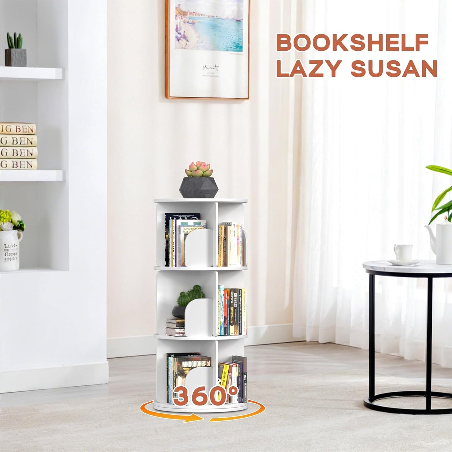 Kryonix Rotating Bookshelf, Spinning Bookshelf Tower 3 Tier, 360° Revolving Bookcase Lazy Susan, Multi-Functiona Corner Round Turning Book Shelf Organizer for Small Spaces(White)