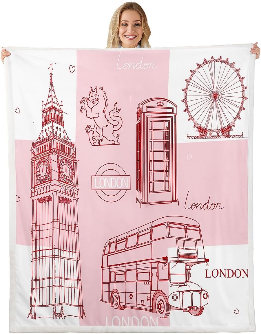 London Kids Throw Blanket,Telephone Booth Big Ben Bus Hand Painted Bed Blanket for Boys Girls Adults,Famous Urban Architecture Fleece Blanket,Romantic Fuzzy Blanket,Throw Size (50 x 60 Inches)