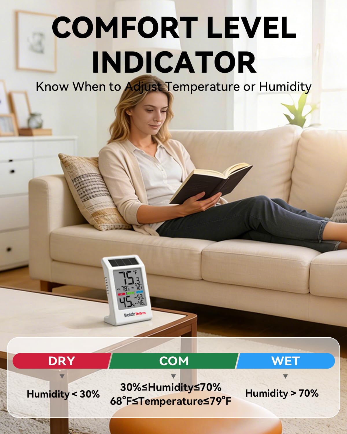 BALDR Indoor Thermometer Hygrometer, Solar Power with Battery Backup, Large Display, Daily Max/Min & Comfort Indicator Humidity Meter (White)