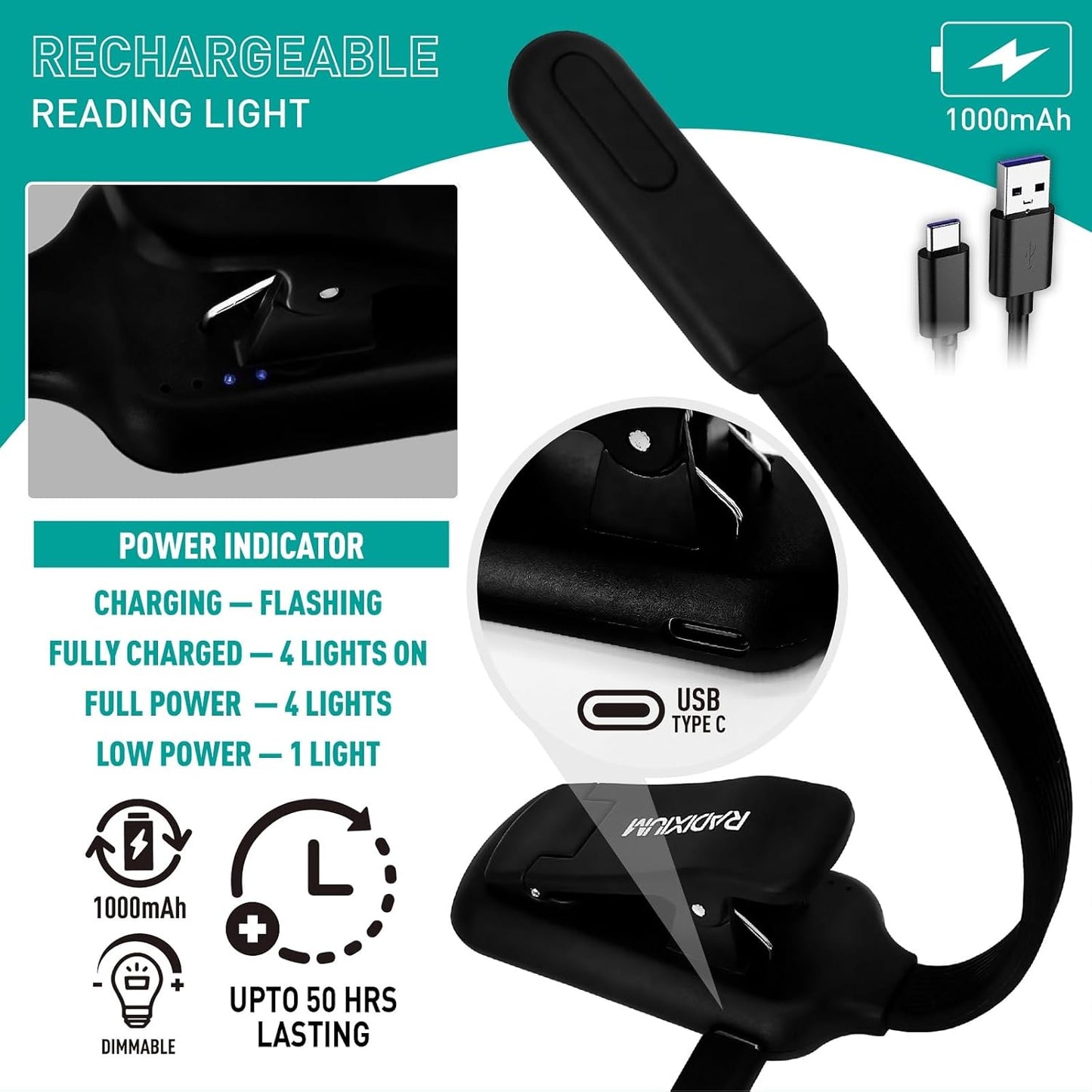 Rechargeable Book Light for Reading - 9LED Eye-Caring Clip Light w/ 9 Color Temp, Stepless Dimming, 50H Battery, USB-C, Ultra Slim - Gift for Book Lovers (Black)