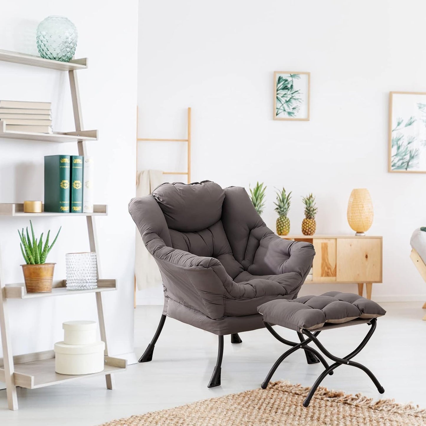 LITA Lazy Chair with Ottoman, Modern Accent Leisure Upholstered Lazy Sofa Armchair, Contemporary Lounge Reading Chair with Armrests and a Side Pocket for Living Room, Bedroom & Small Space, Dark Grey