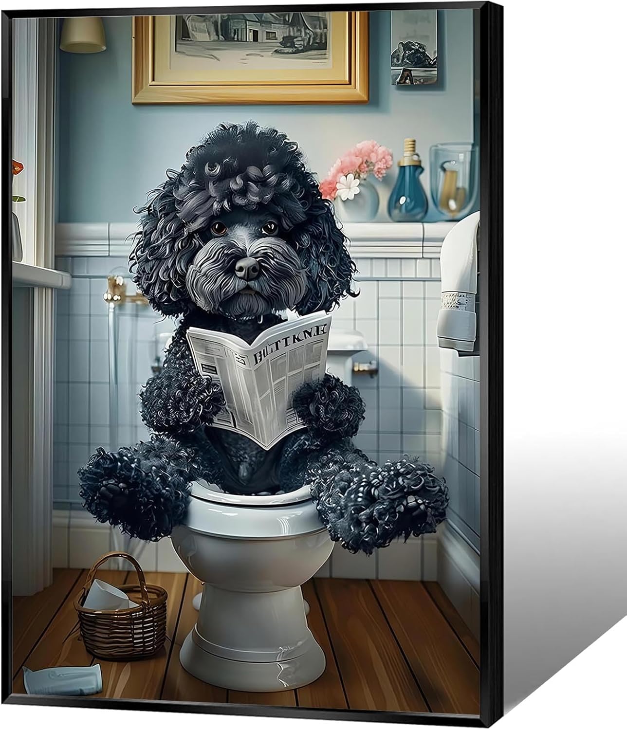 Whimsical Bathroom Canvas Wall Art Cute Black Teddy Dog On Toilet Reading Newspaper Posters Funny Humor Animal Aesthetic Painting For Home Apartment Restroom Wall Decor 12x16in Unframed