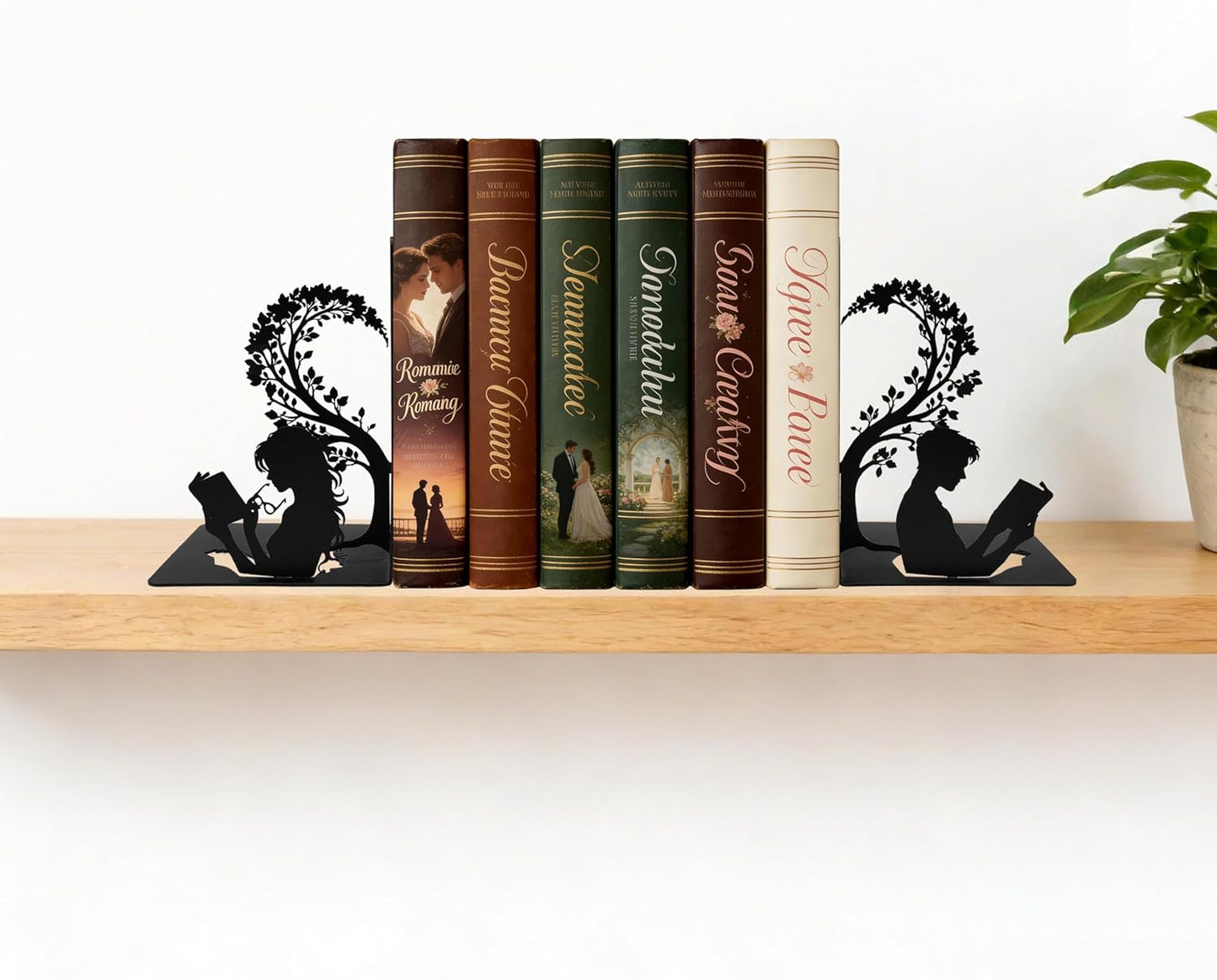 Matte Black Iron Decorative Bookends for Shelves, Couple Reading Tree Design Book Ends Decorative, Book Ends for Heavy Books, Unique Bookends for Home Office Shelves, 7.9 x 1.2 x 5.9 Inches