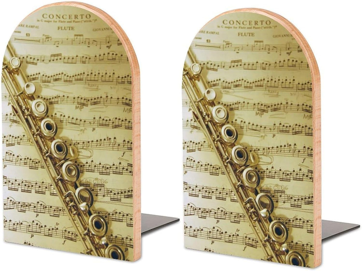 Flute Music Wooden Bookend Non-Slip Book Ends Heavy Duty Book Stopper with Metal Base Books Holderd Decorative Bookends Stands Firmly for Office Supplies