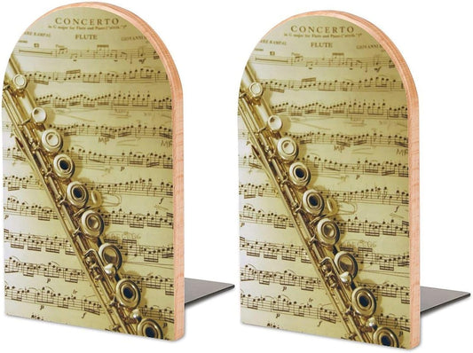 Flute Music Wooden Bookend Non-Slip Book Ends Heavy Duty Book Stopper with Metal Base Books Holderd Decorative Bookends Stands Firmly for Office Supplies