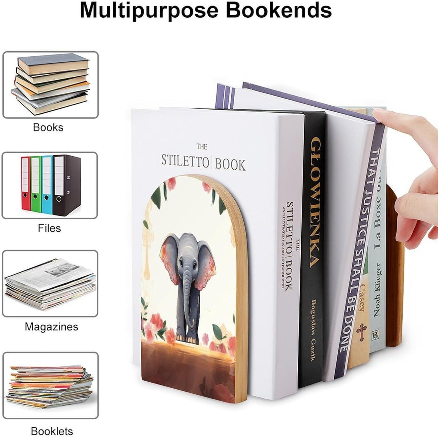 Lucky Elephant Bookend for Shelves Wooden Book End Large Size Sturdy Book Holders Stoppers with Metal Base for Bookshelves Slick Decorative Bookends Stands