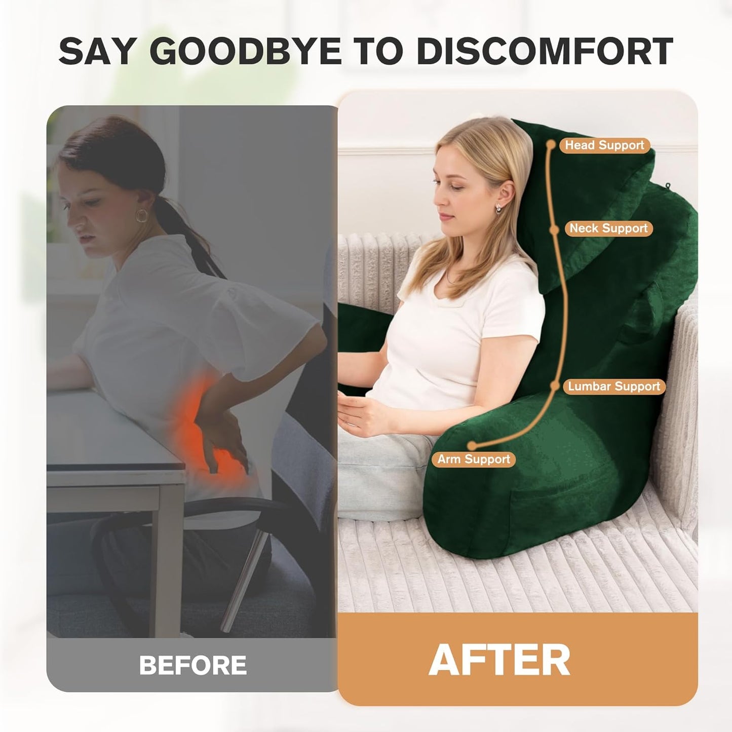 Portable Reading Pillows with Headrest for Bed Sitting Up(Green Oeko-Tex), Velvet Back Pillow with Arms & Pockets for Adults, Support Memory Foam Bed Pillow for Dorm/Reading/Watching/Gaming