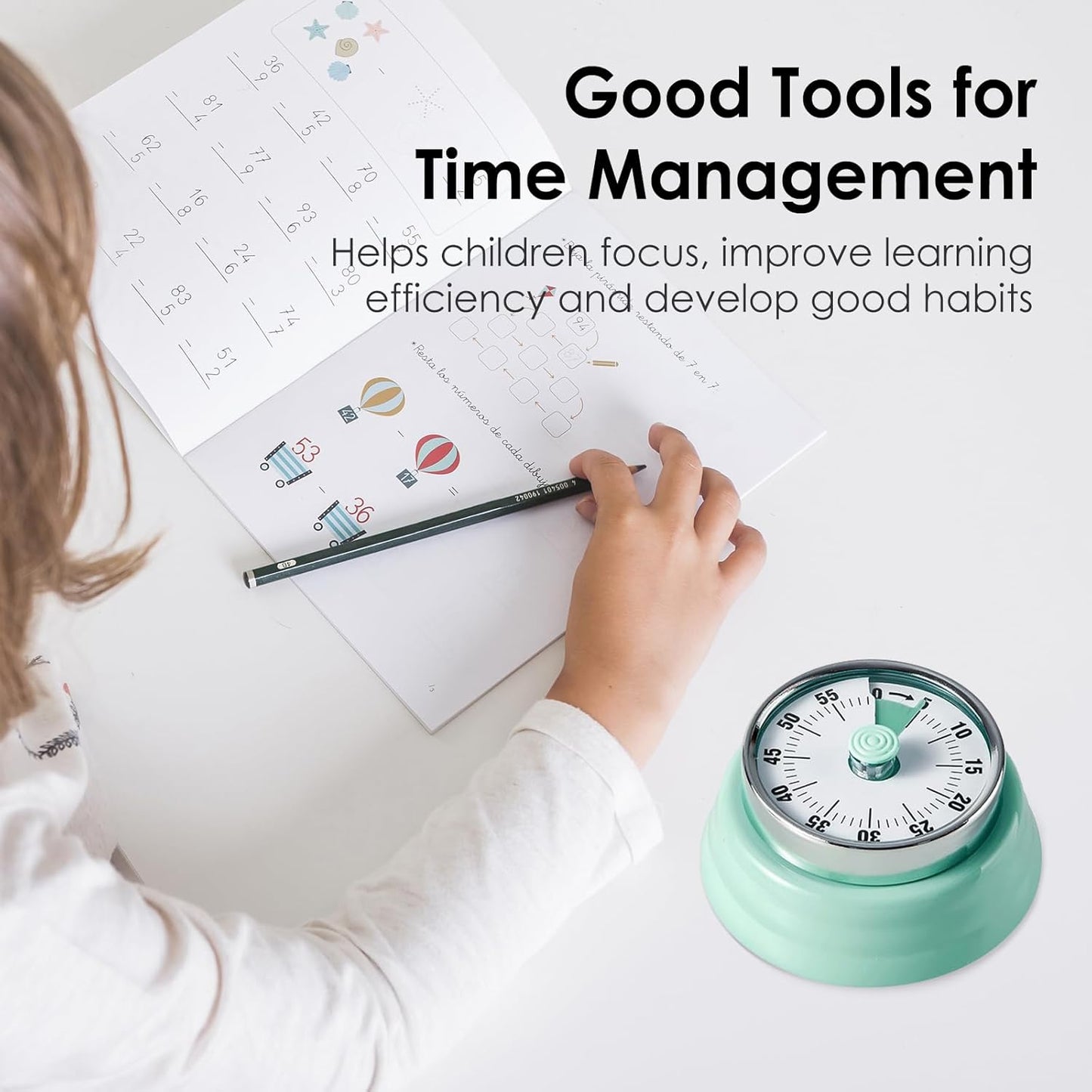 Visual Timer, Teeloray 60-Minute Countdown Timer, Kitchen Timer with Magnetic Base, Mechanical Clockwork, Ringer Alert, Time Management Tool for Children and Adults, Study/Work/Cooking (Mint Green)