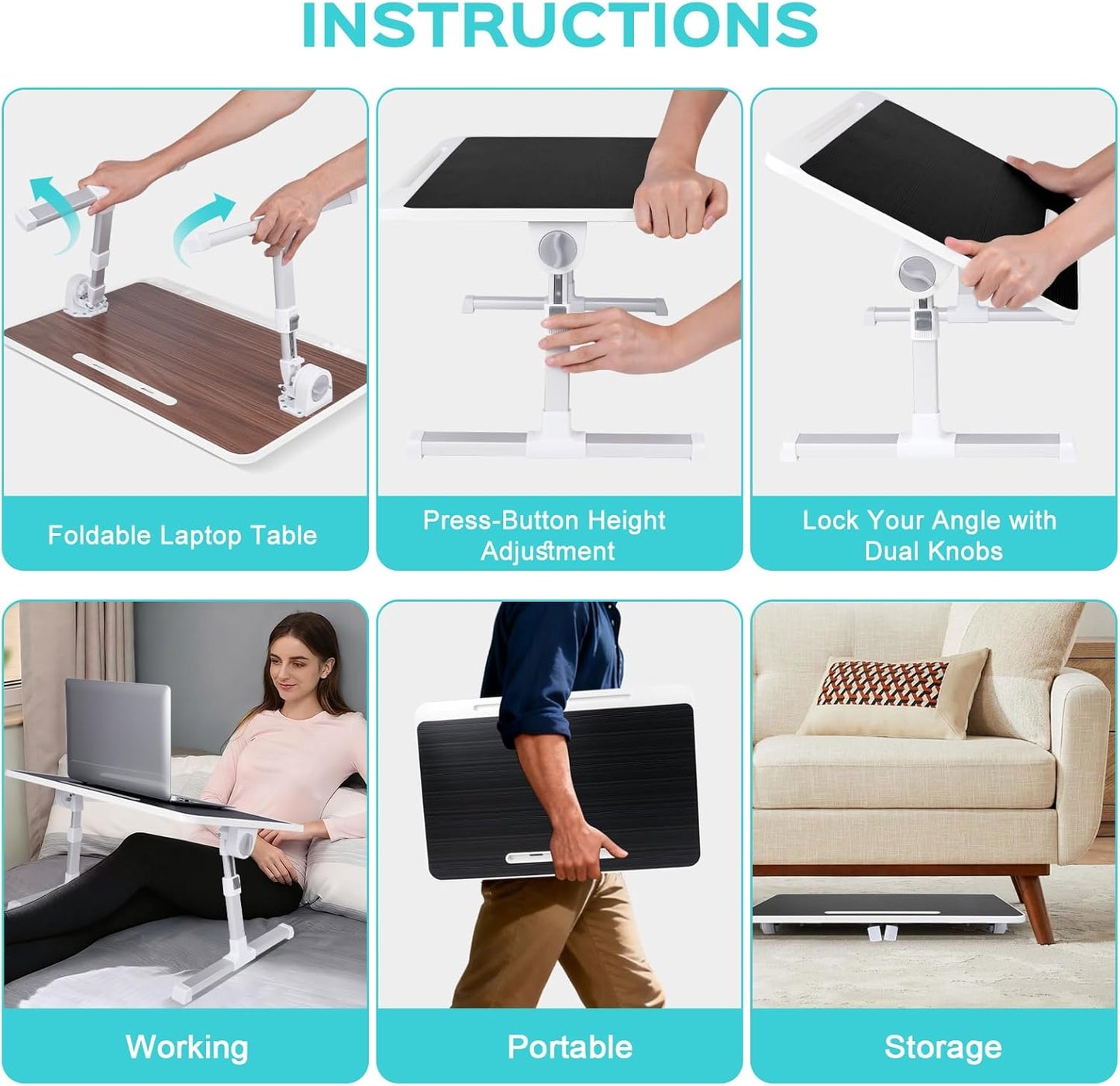 Laptop Desk for Bed, Adjustable Laptop Table, Foldable and Portable Bed Tray Table for Sofa Office Floor, Large Size