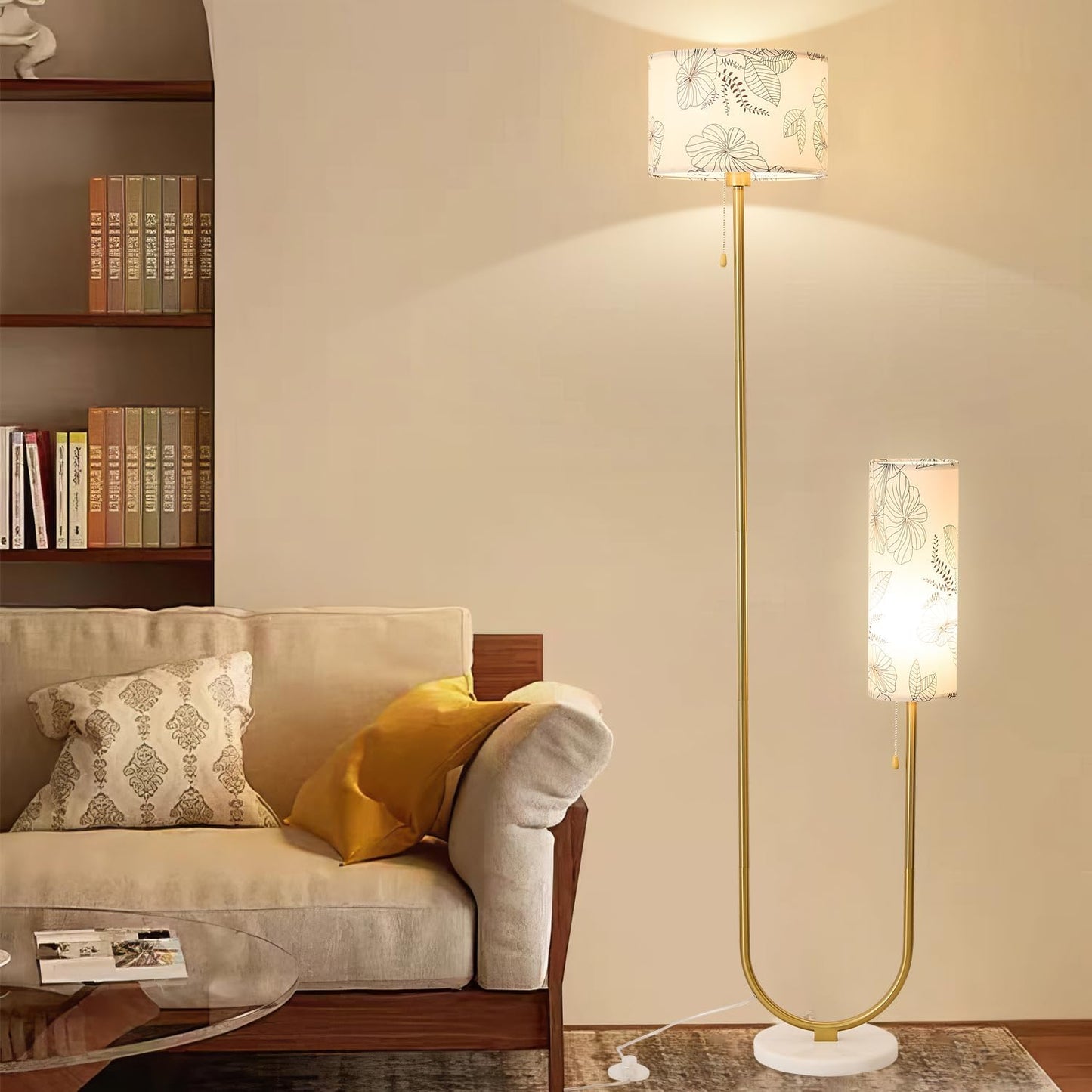Floor Lamp for Living Room,Modern U-Shaped Standing Lamps with 2 Fabric lampshades, Rustic Farmhouse Tall Pole Light for Bedroom Corner Reading (Gold+White Shade)