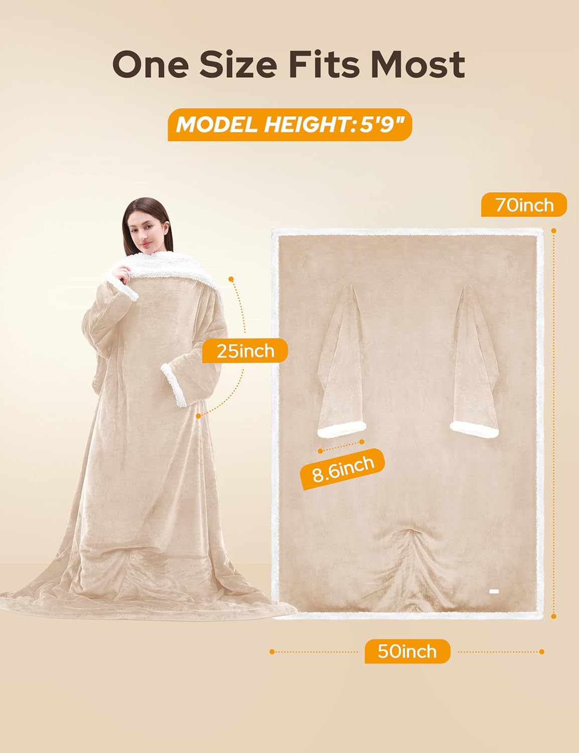 NIORSUN Heated Blanket Throw with Foot Pocket, Wearable Electric Blanket with 9 Heating Levels & 10 Time Settings, Ultra-Soft Flannel & Sherpa, Cozy Gift for Family and Friends, 50 * 70", Beige
