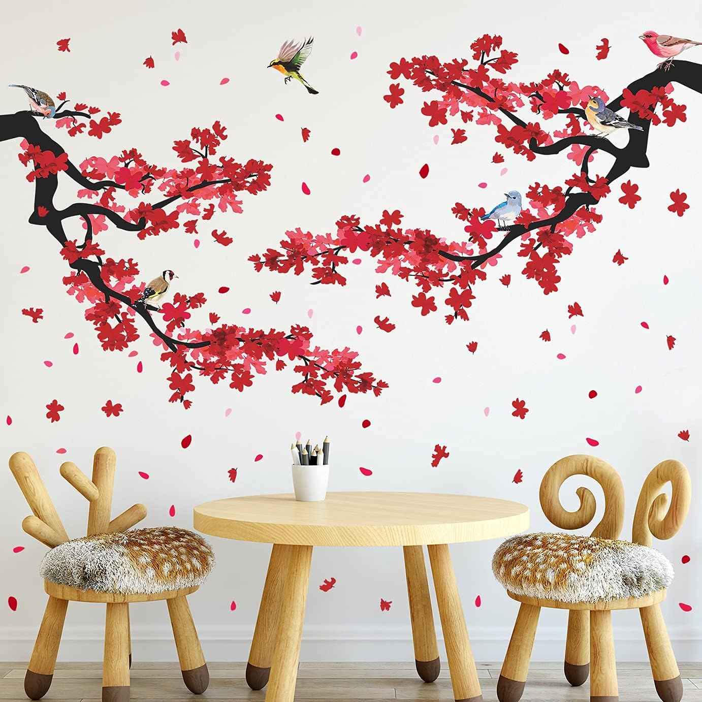 3D Red Plum Branch Wall Sticker Creative Flower Birds Frolic Pastoral Style Wall Decals Removable Peel and Stick for Kids Girls Bedroom Living Room Office TV Background Classroom Art Wall Decor (A)