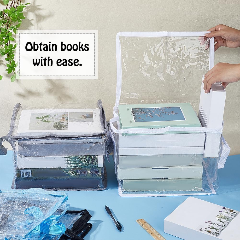AHANDMAKER 4Pcs Book Storage Bags Clear PVC Comic Organizer Box Case 12.6x9.8x9.4in Heavy Duty Game DVD Holder for Room Library Shelf Display Moving Storage Home Office Organization
