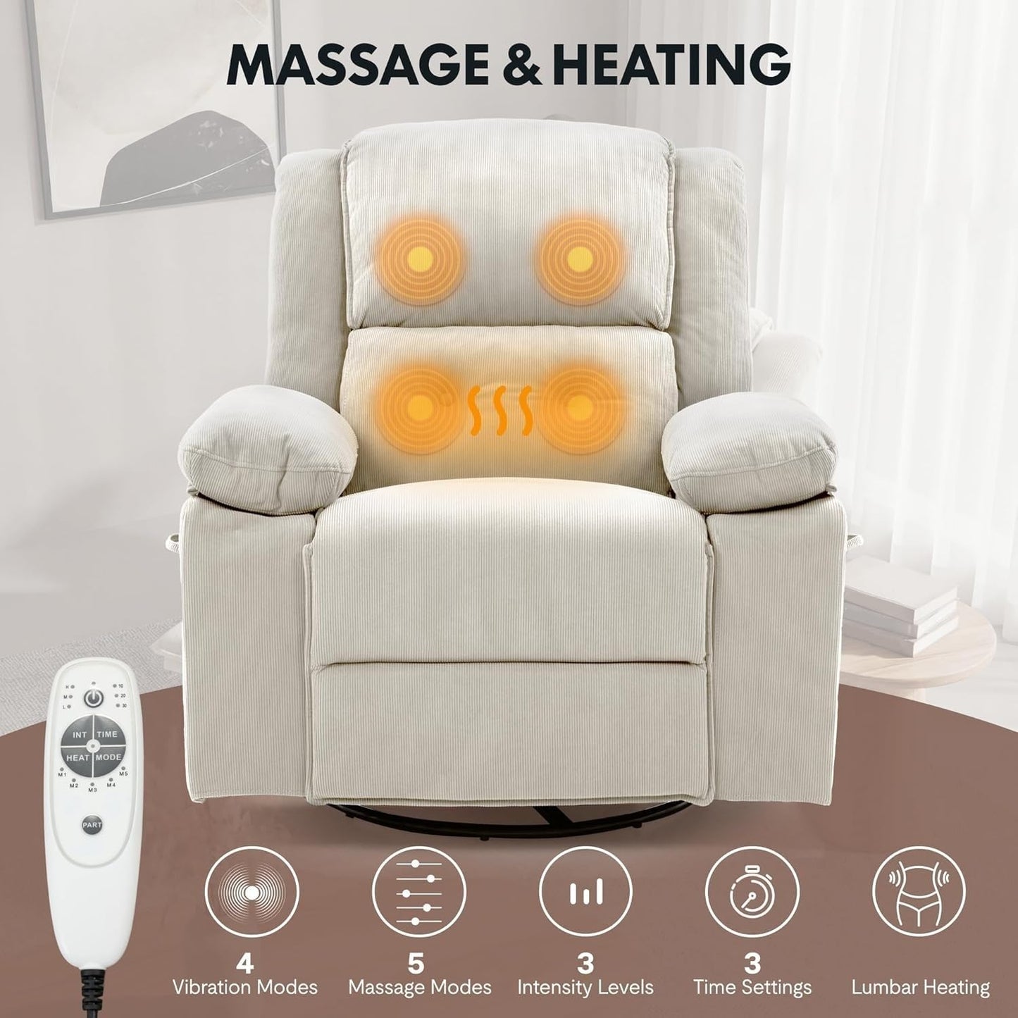 Modern Rocker Recliner Chair with Cushioned Backrest Adults Massage Rocking Chairs Nursery 360 Swivel Glider for Living Room Bedroom Home Furniture