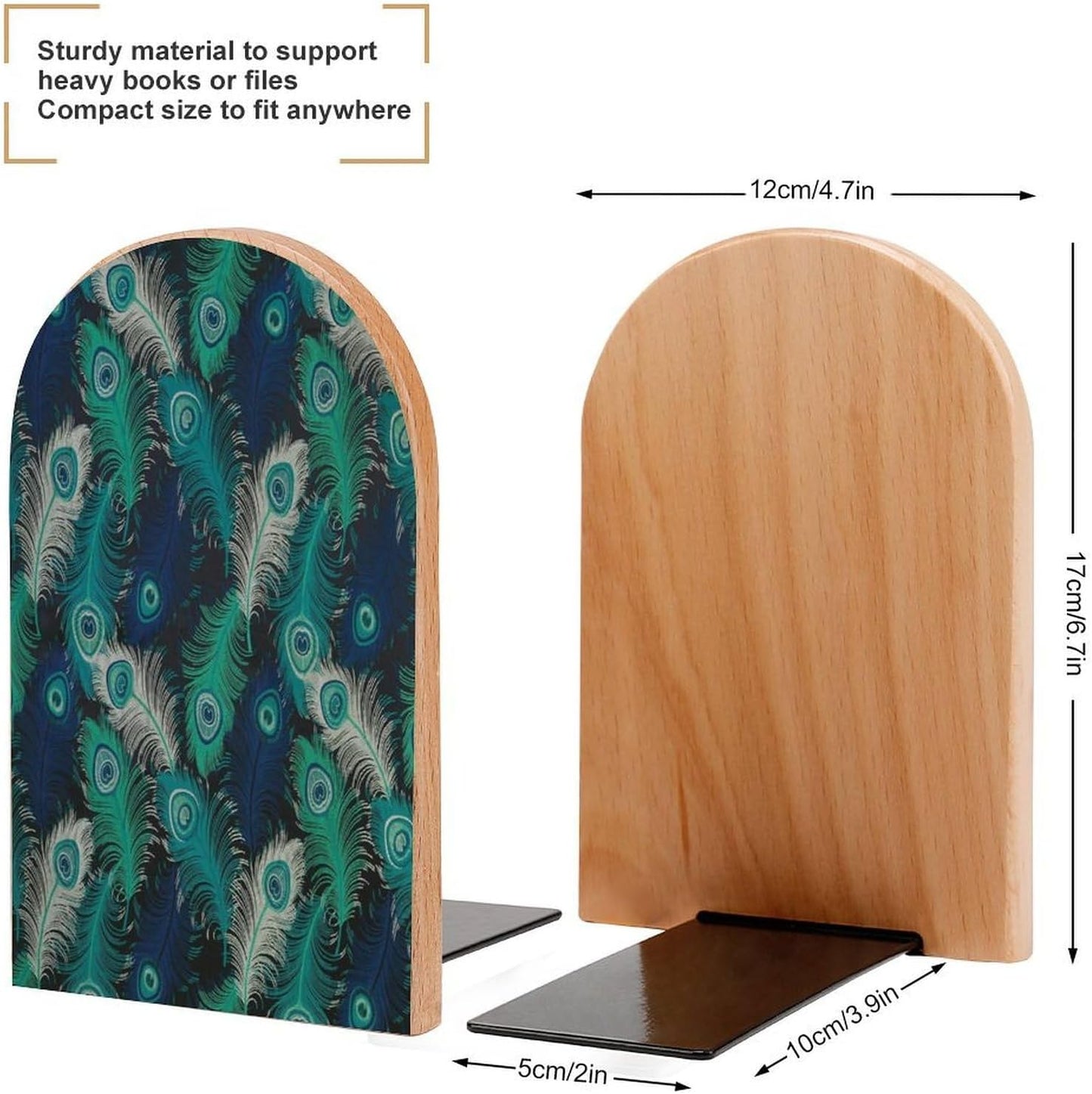 Fresh Peacock Wooden Bookend Non-Slip Book Ends Heavy Duty Book Stopper with Metal Base Books Holderd Decorative Bookends Stands Firmly for Office Supplies
