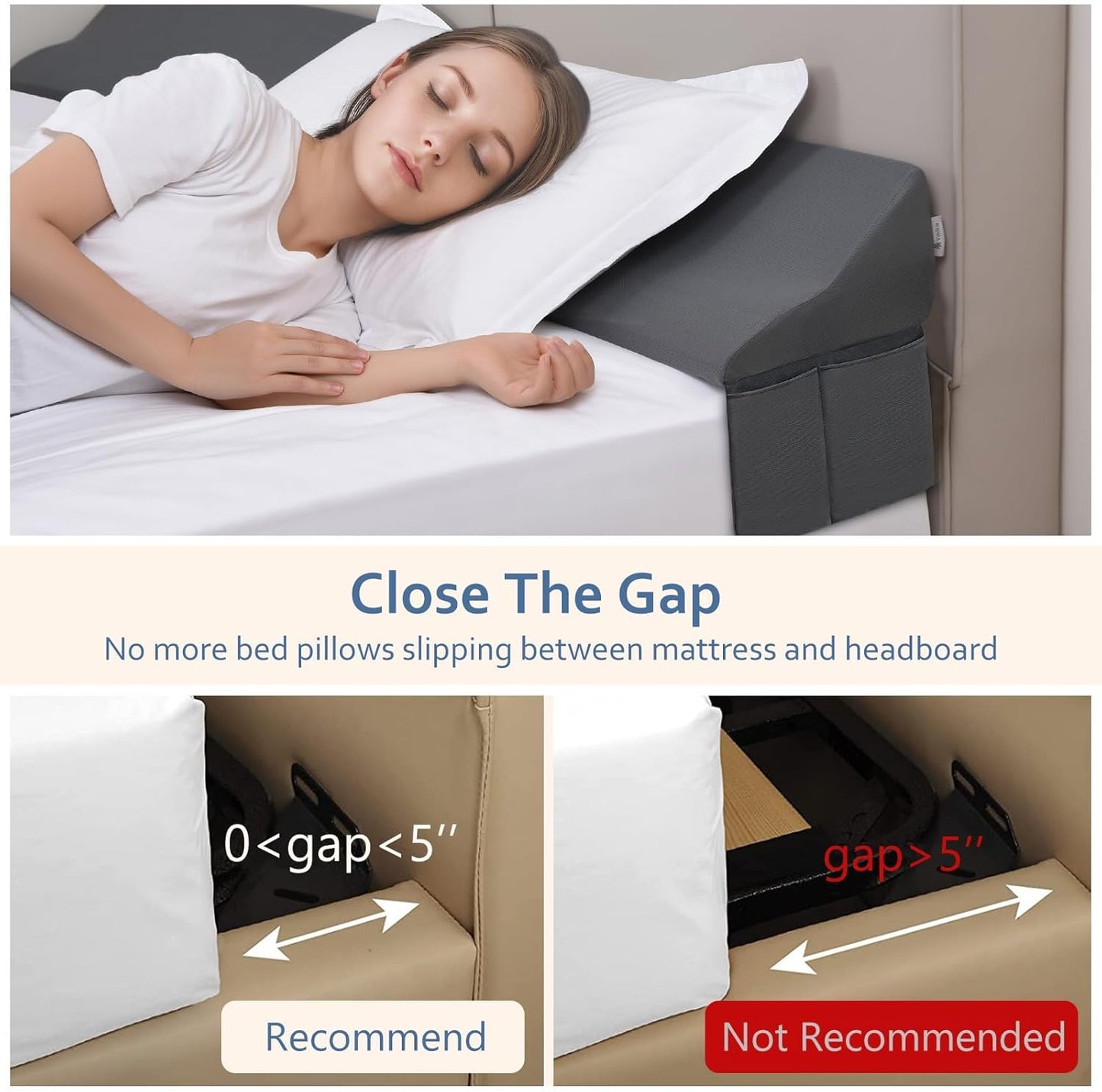 Vekkia Queen Bed Wedge Pillow for Headboard/Bed Gap Filler/Headboard Pillow,Pillow Wedge for Headboard Gap(0-6"),Bed Gap Pillow,Stop Loosing Your Pillows,Phone,Gray