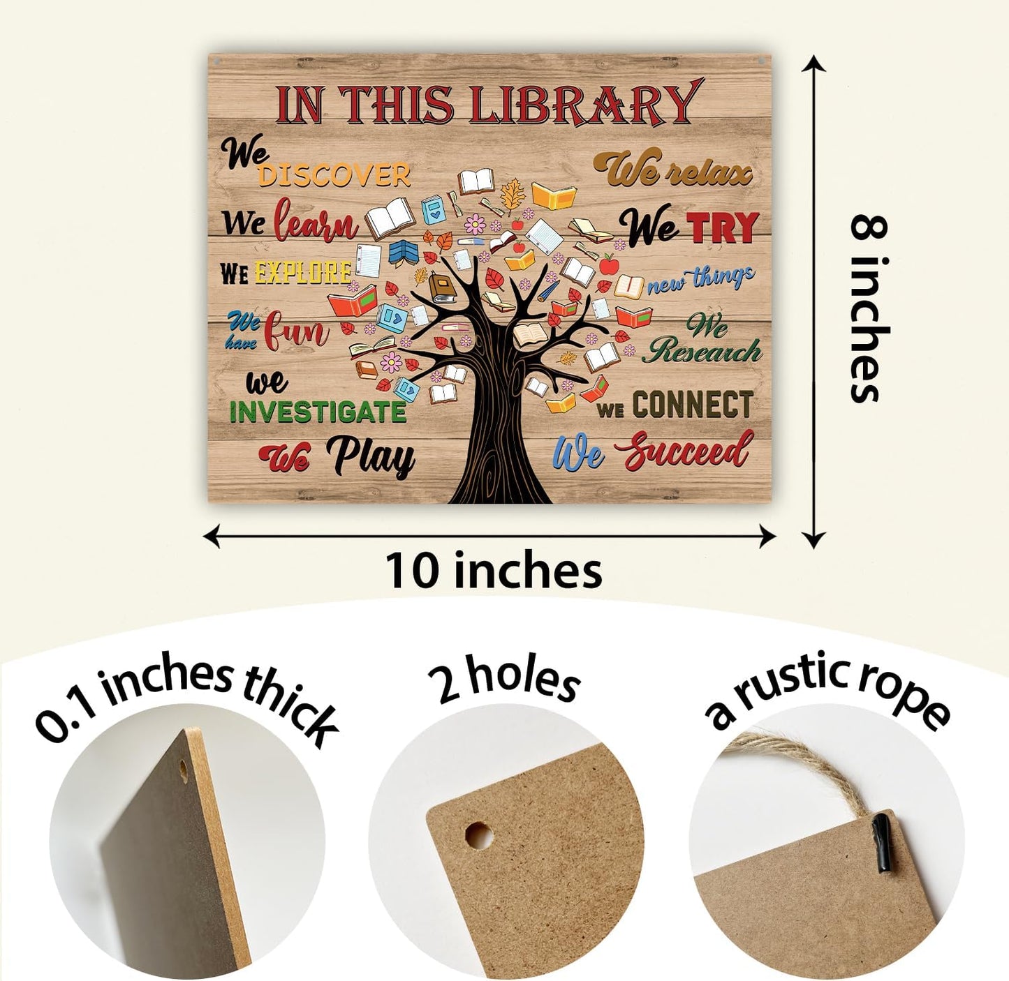 In This Library Wood Hanging Sign, Welcome Reading Room Art Wood Sign Plaque with Rope, Wall Wooden Plaque Hang Ornament, Study School Door Shelf Decor Supplies, Inspirational Christmas Gift -60