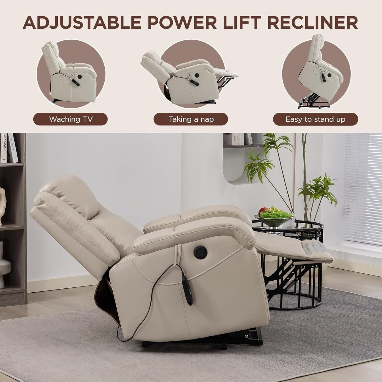 Power Lift Recliner Chair with Two Cup Holders Extended Footrest USB Type-C Charge Ports Electric Lay Flat Reclining Chairs for Living Room Bedroom Meeting