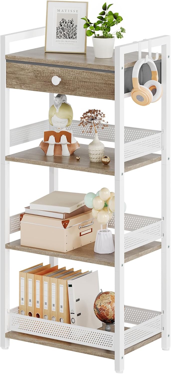 FAVOOSTY 4 Tier Ladder Shelf Stand, Bookshelf with Drawer Storage, Decorative Display Shelves Wood & Metal, Plant Shelf, Standing Shelf Unit for Living Room Bedroom Office Kitchen, White