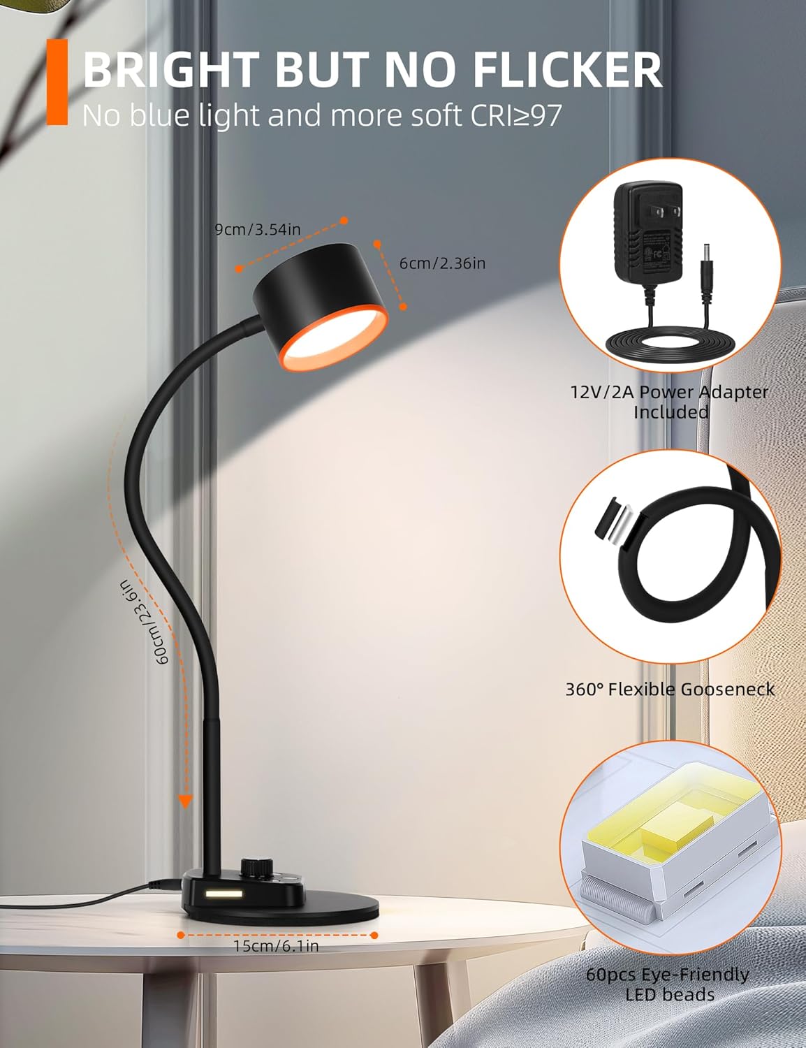 Desk Lamp, LED Desk Lamp with USB C + A Charging Ports, 5 Colors Fully Dimmable Eye Care Reading Lamp for Bedside Table Full Metal Efficient Gooseneck Table Lamp for Home Office Black