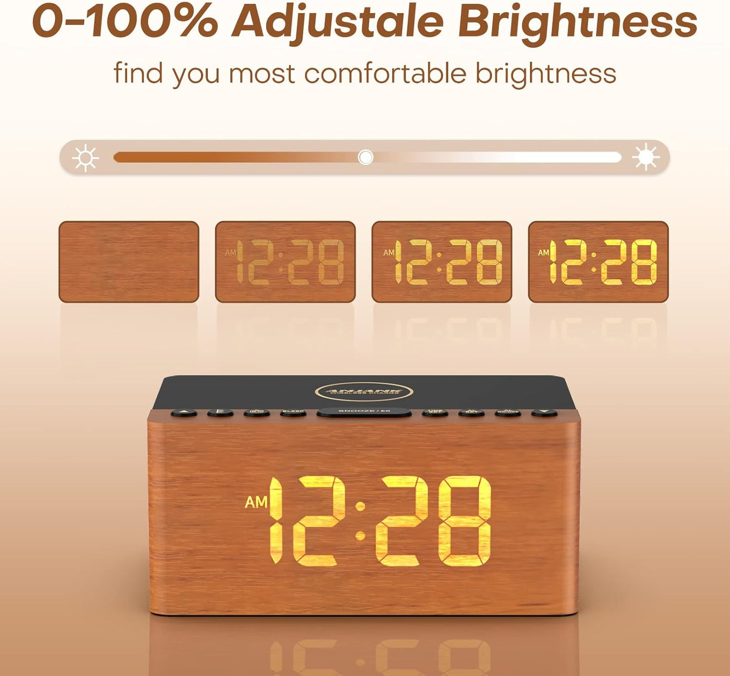 ANJANK Wooden Bluetooth Speaker, Alarm Clock with FM Radio, Qi Certified Fast Wireless Charging Station for iPhone/Samsung, USB Charger Port, Dimmable Display, Digital Wood Clock for Bedroom, Bedside