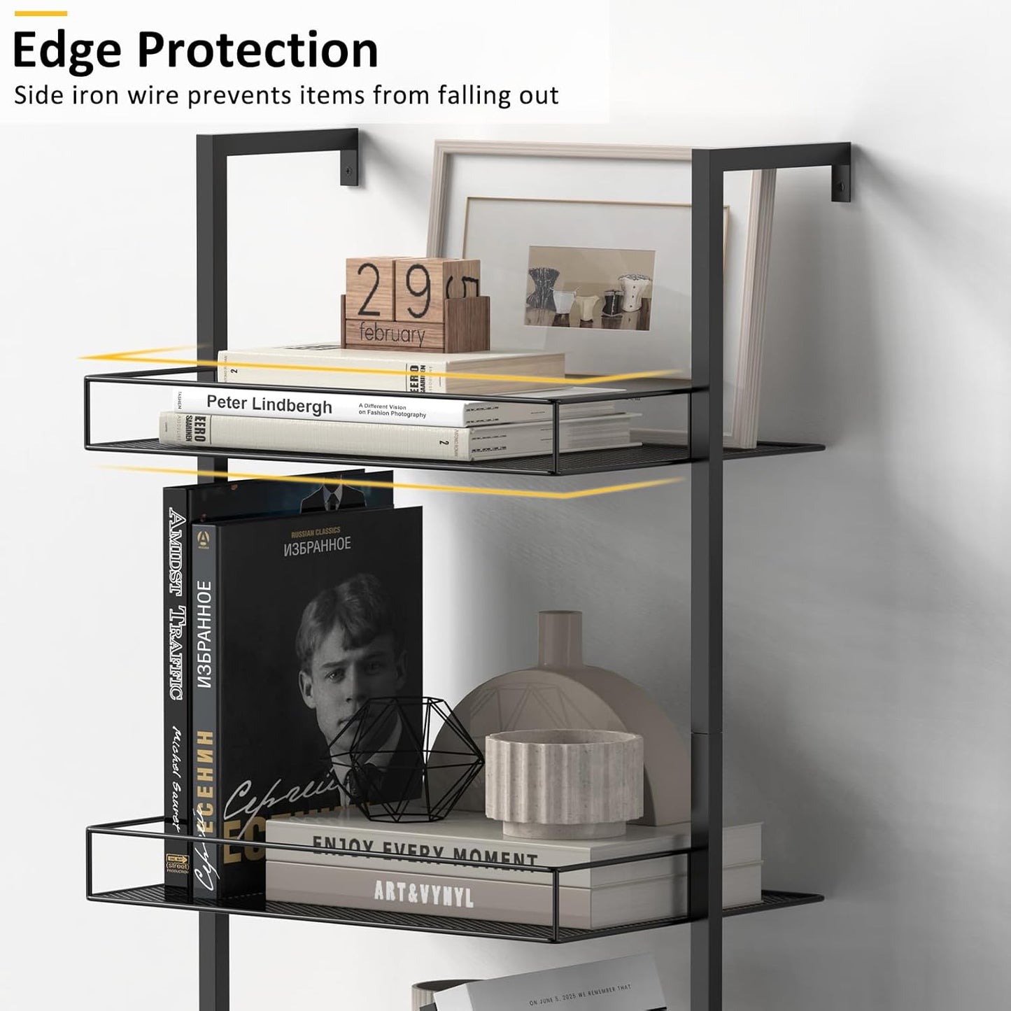 Shinoske Ladder Bookshelf,5 Tier Book Shelf with Storage Cabinet,Wall Mounted Industrial Bookcase for Small Space,Metal Frame,Tall Display Shelf for Living Room,Corner,Bedroom,Office,Brown